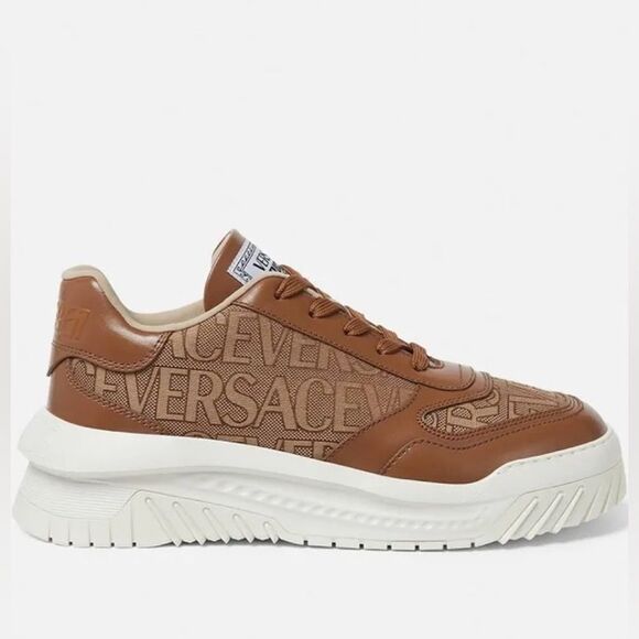 Versace AllOver Logo Odissea Low-Top Men’s Sneakers, Beige/Brown, New, Size 42.5